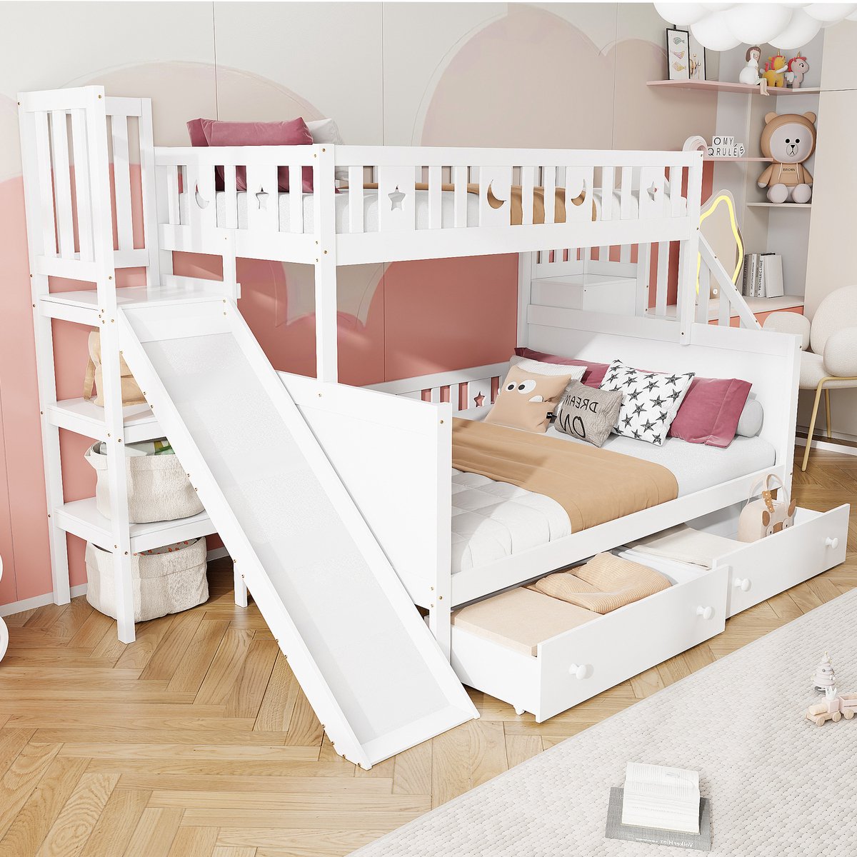 MEUNIQ kinder stapelbed 90x200 en 140x200 cm met glijbaan, trap met opbergruimte, 2 lades en lattenbodem, wit, voor de kinderkamer