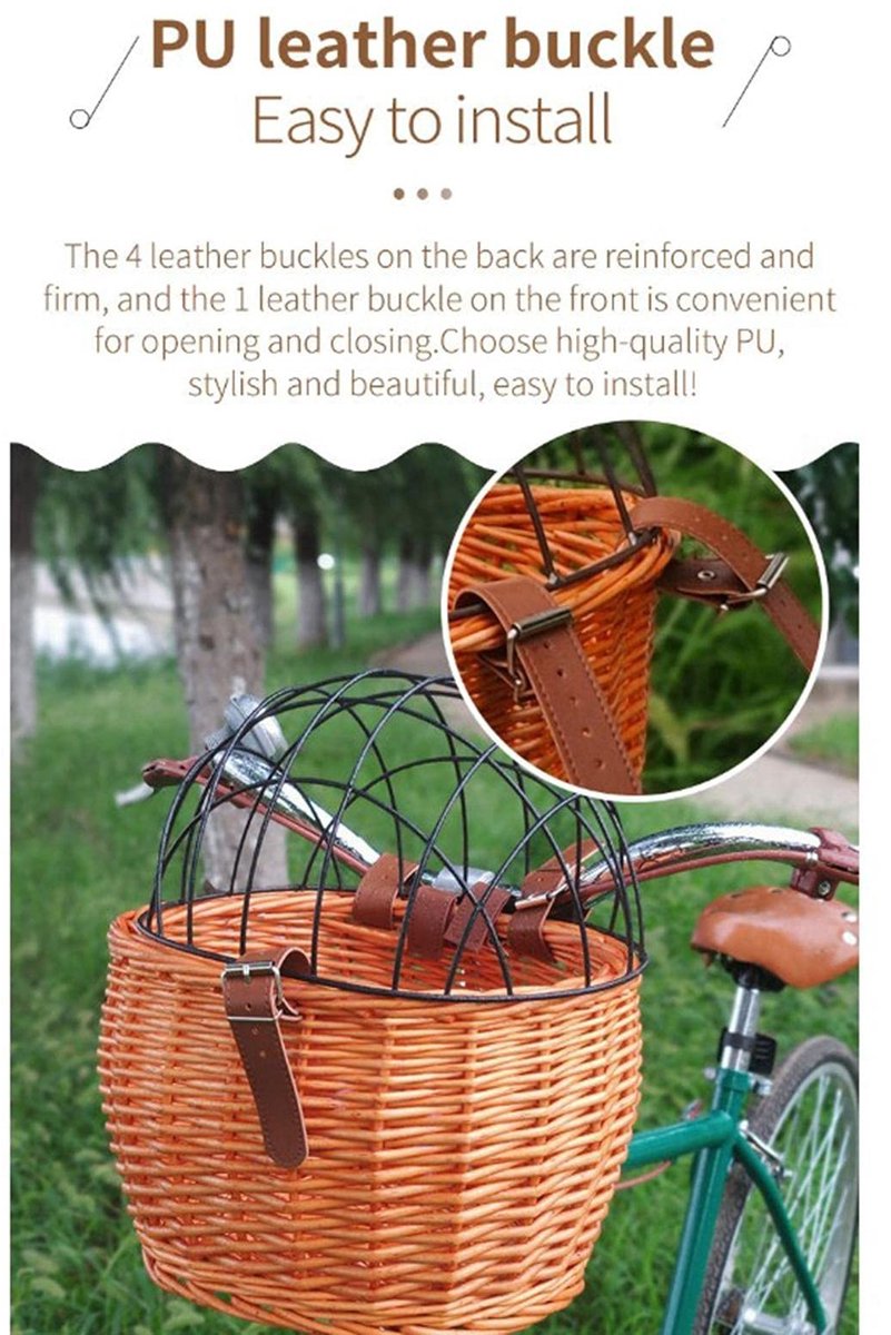 Dailygoods- Fietsmand Handgeweven Riet - Fietsmand Huisdier - Fietsmand voor Kleine Honden/Katten - Fietsmand met Gaasafdekking - Verstelbare Bevestiging - Weerbestendig - Fietsdrager