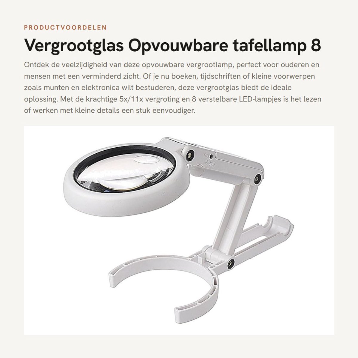 Dailygoods - Vergrootglas - Opvouwbare tafellamp - 8 LED-lampjes - Wit - Leesloep - Ideaal voor ouderen en hobbyisten - Handig voor detailwerk