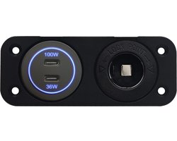 ProRide 12-24V USB C Autolader 2 Poorten Inbouw - 100W+36W - Sigarettenaansteker - Tweevoudig Paneel - Blauw