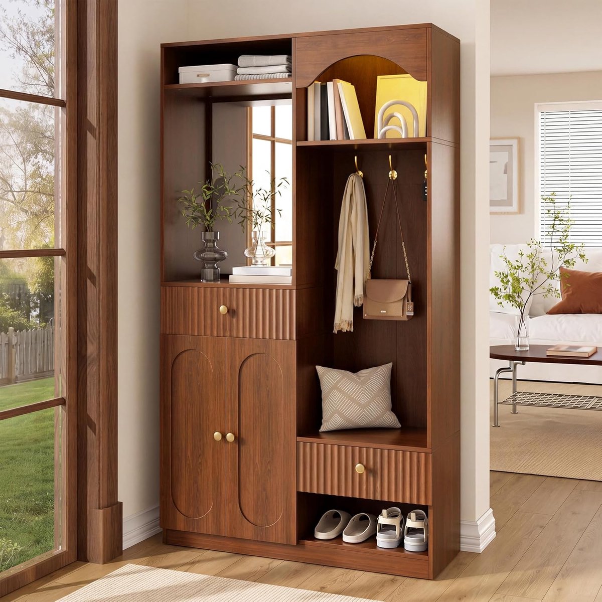 Garderobe met Spiegel - Entree Meubel - Gang Opbergen - Geïntegreerde LED-verlichting - 100 x 35 x 180 cm - Walnootkleurig