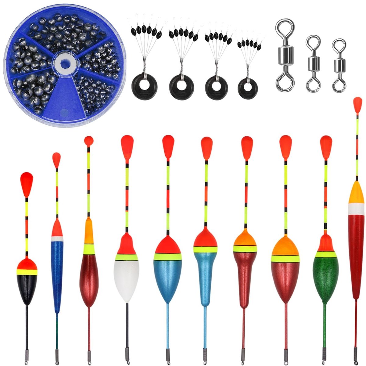 Dailygoods - CONNECTION Set van 10 dobbers, 205 stuks, 5 maten, loodrood, vissen, 4 stuks rubberen stoppers, vissen, 3 stuks wervelvissen, forel, hengelaccessoires, set, zwemmer vissen voor meren, vijvers