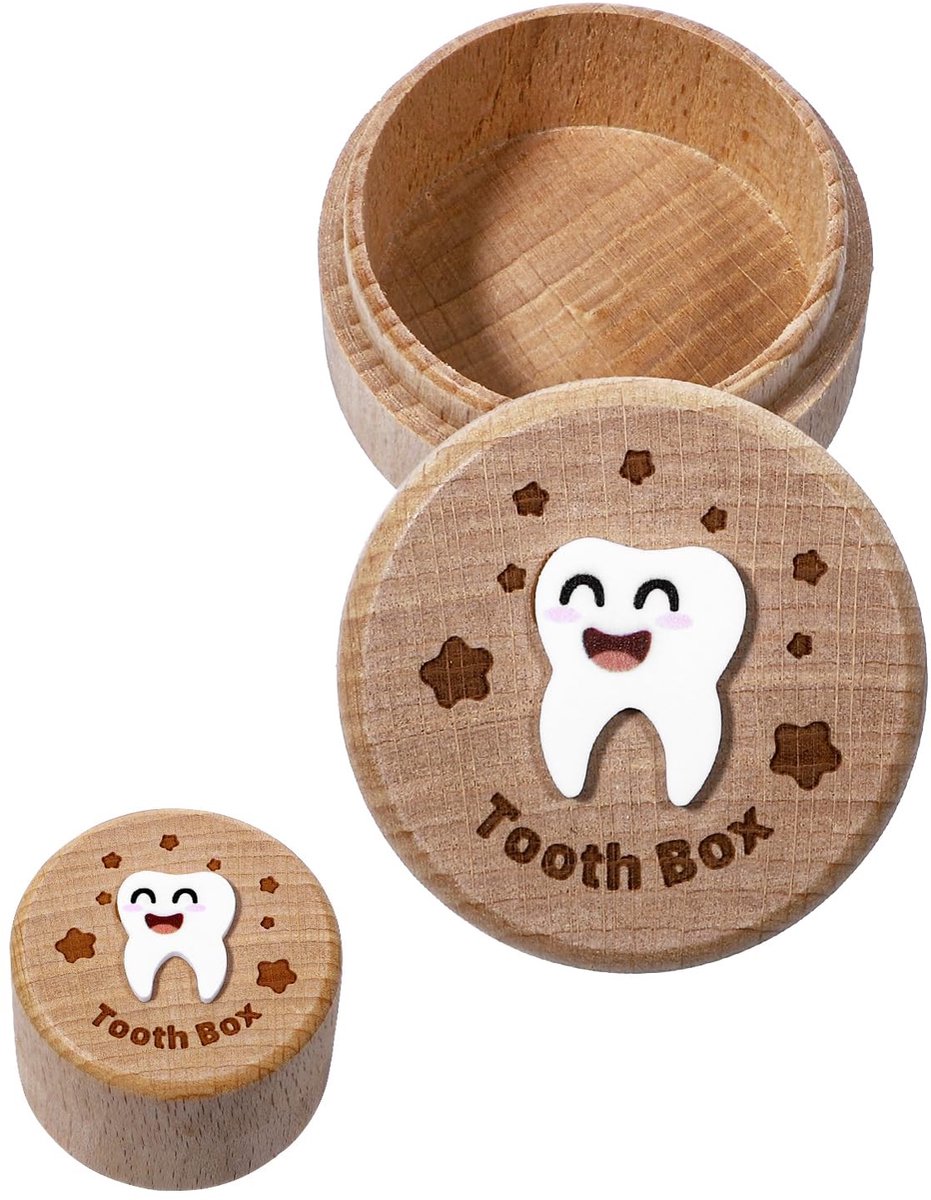 Dailygoods- Melktandenbox met 3D Tand - Tandenhouder - Houten Box - Cadeau voor Kinderen - Natuurlijk Hout - Diameter 5cm - Tandenbox