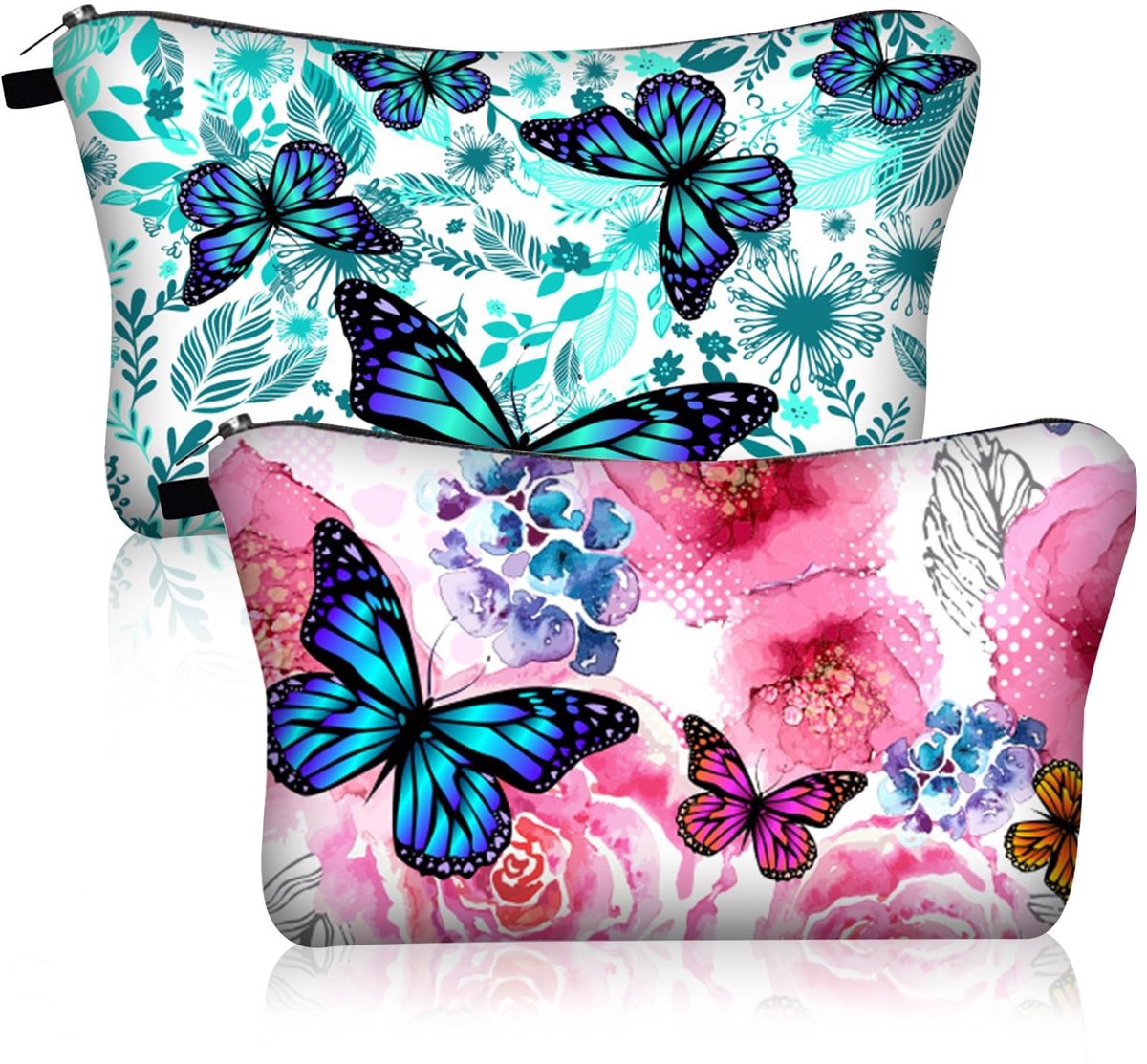 Dailygoods- Toilettas Dames - 2-delige Set - Vlinderprint - Make-up Tasje - Draagbaar - 22 x 13,5 cm - Hoogwaardig Materiaal - Make-uptas