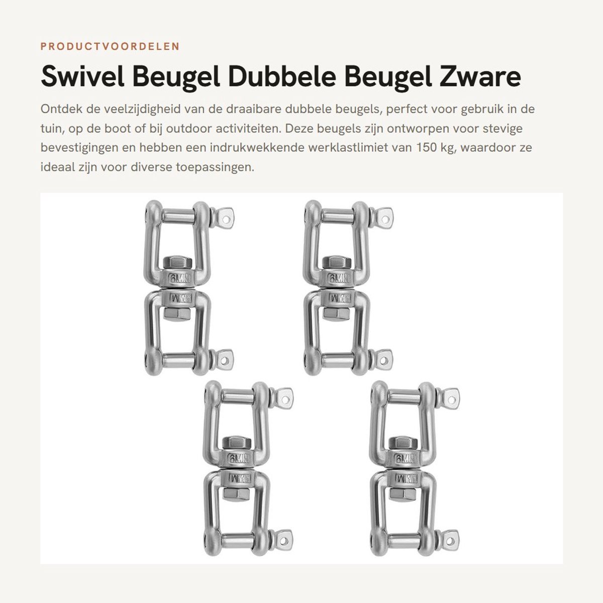 Dailygoods- Beugel 4 Stuks - Draaibare Dubbele Beugel - M6 - 67 mm - 316 Roestvrij Staal - 150 Kg Werklastlimiet - Haak