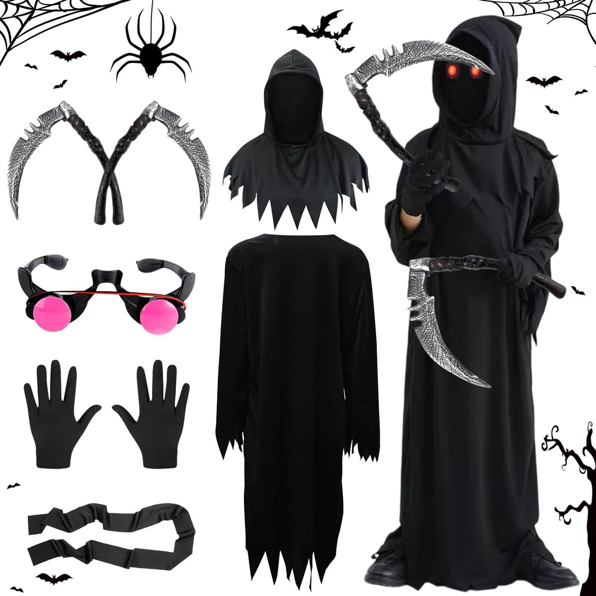 Grim Reaper-kostuum - Halloween-kostuum - Eng zwarte mantel - 95 cm - Kostuum voor kinderen - Geschikt voor jongens en meisjes