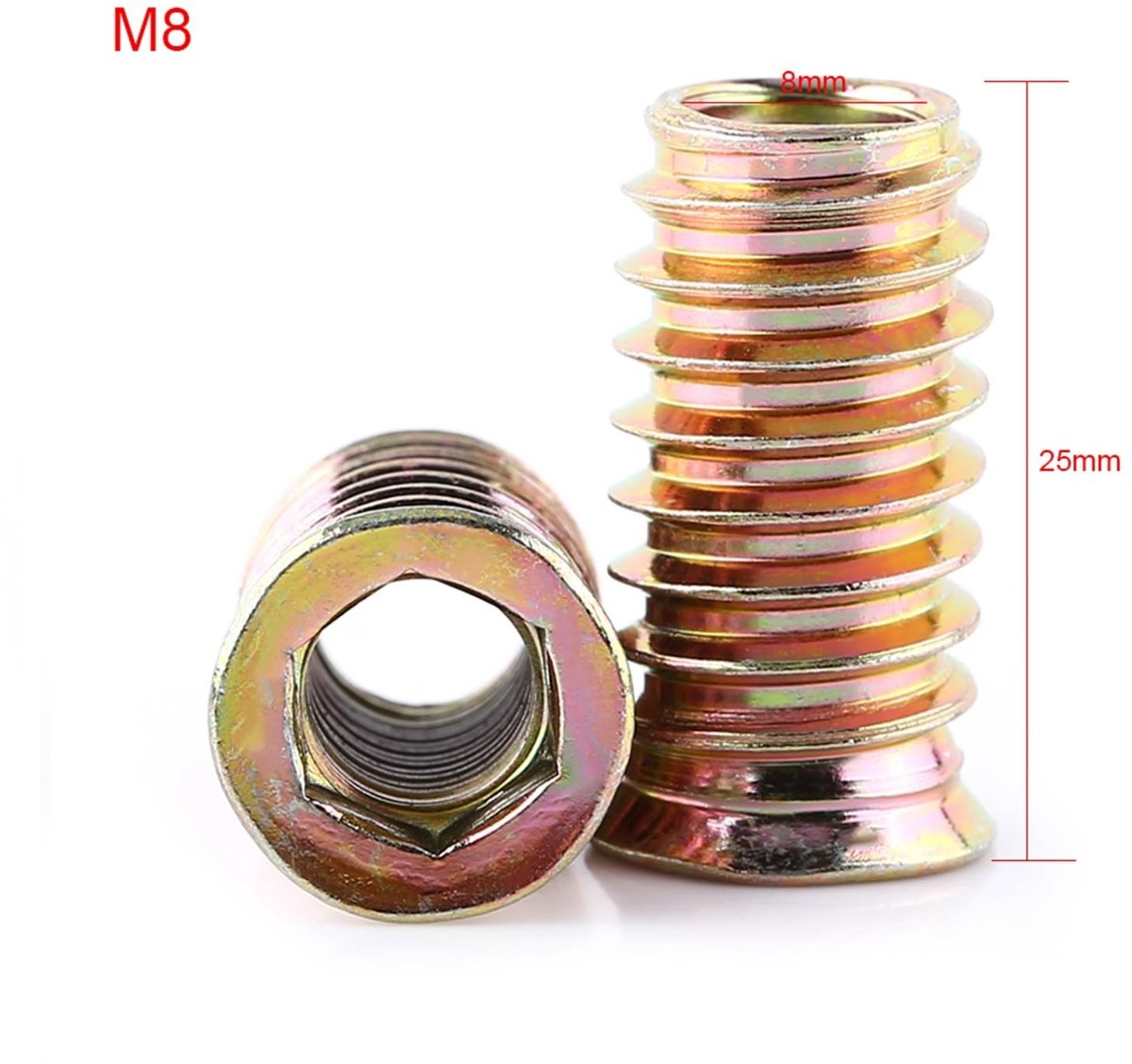 Dailygoods- Zeskantschroef Gegalvaniseerd - Meubel Zeskantmoer - Inbusschroef - Hout Inzetmoeren - Volledige Schroefdraad - 20 Stuks M8 × 25 mm - Inzetmoer
