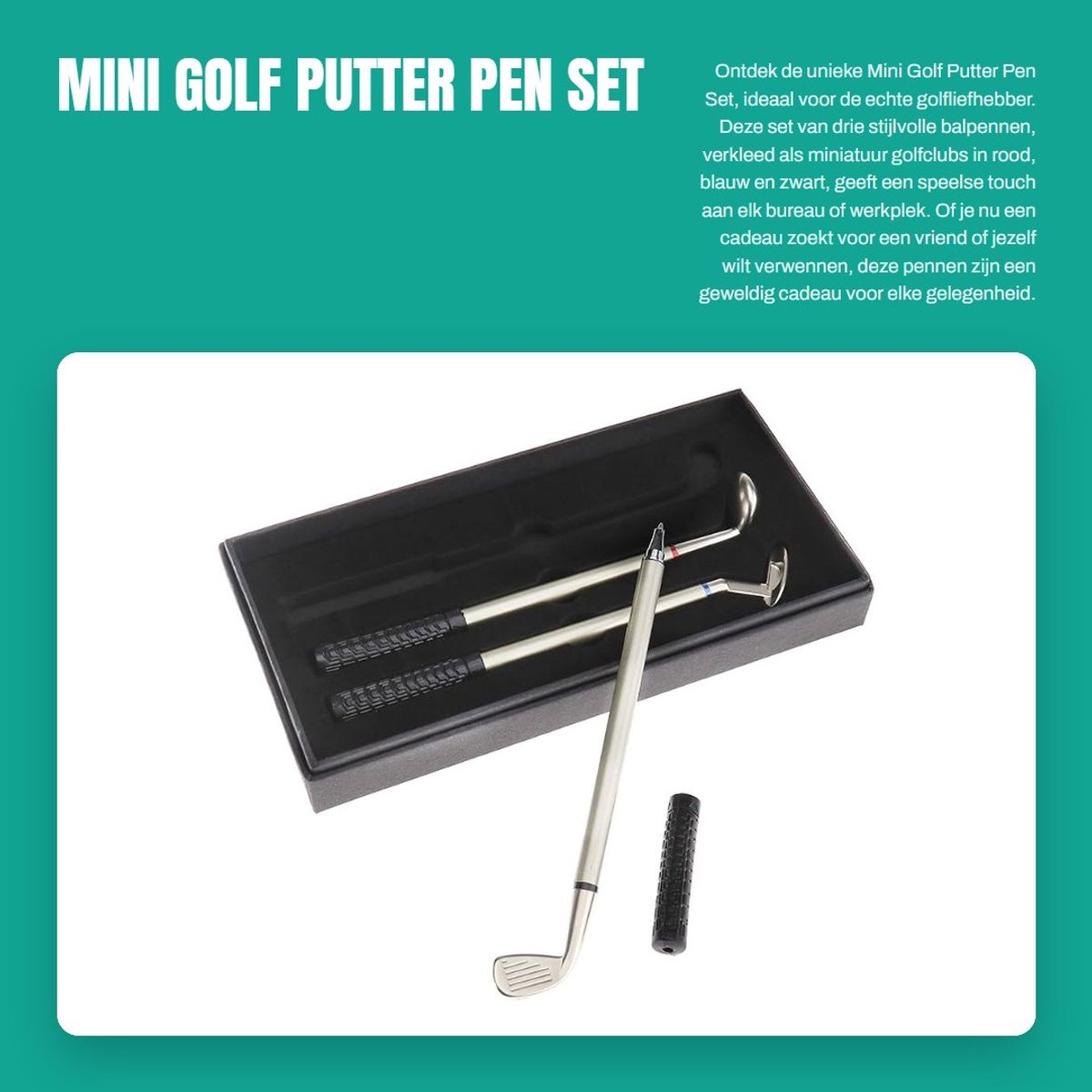Dailygoods- Golfputter Miniatuur Set - 3x Balpennen - Golfclub Cadeau - Geschenkdoos - Perfect voor Golfliefhebbers - Rubber Grip - Balpen