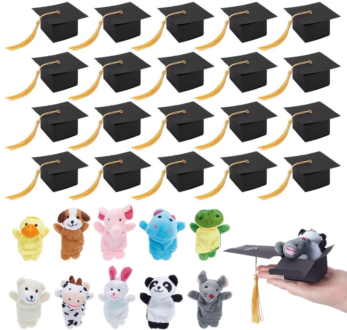 Dailygoods- Afstudeerdop Set - 20 Stuks Geschenkdozen - 20 Stuks Vingerpoppen - Pluche Dieren - Feestartikelen - Creatieve Decoratie - Afstudeerfeestartikelen