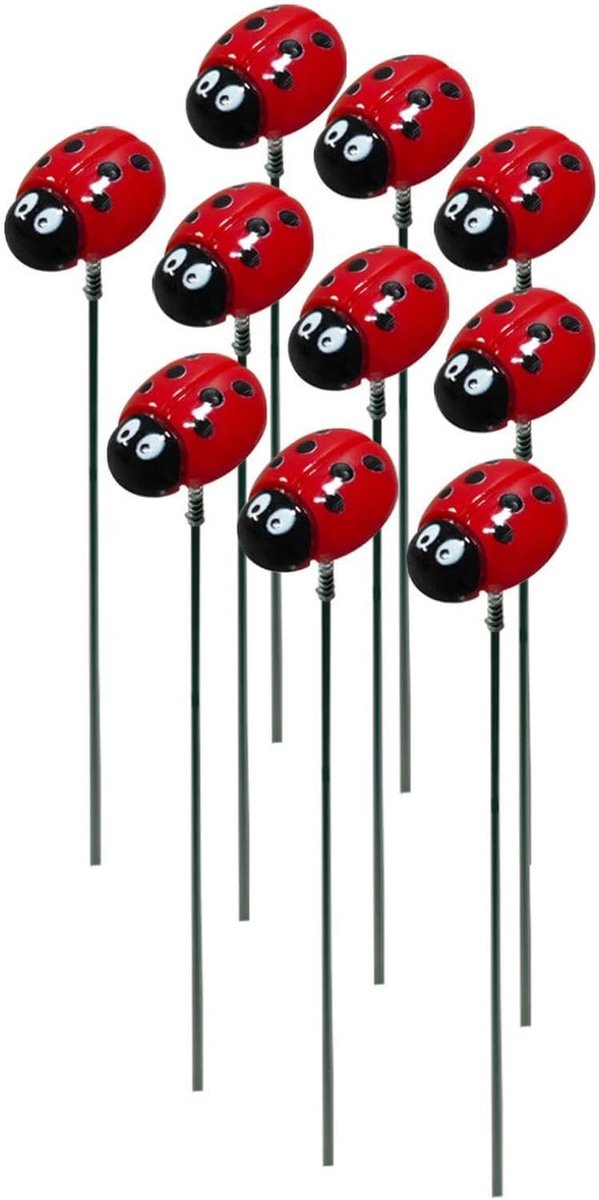 Tuindecoratie Lieveheersbeestjes - Decoratieve Stokken - Bloembed Verfraaien - Waterdicht Kunststof Ontwerp - 30 cm 10 Stuks - Rood Zwart