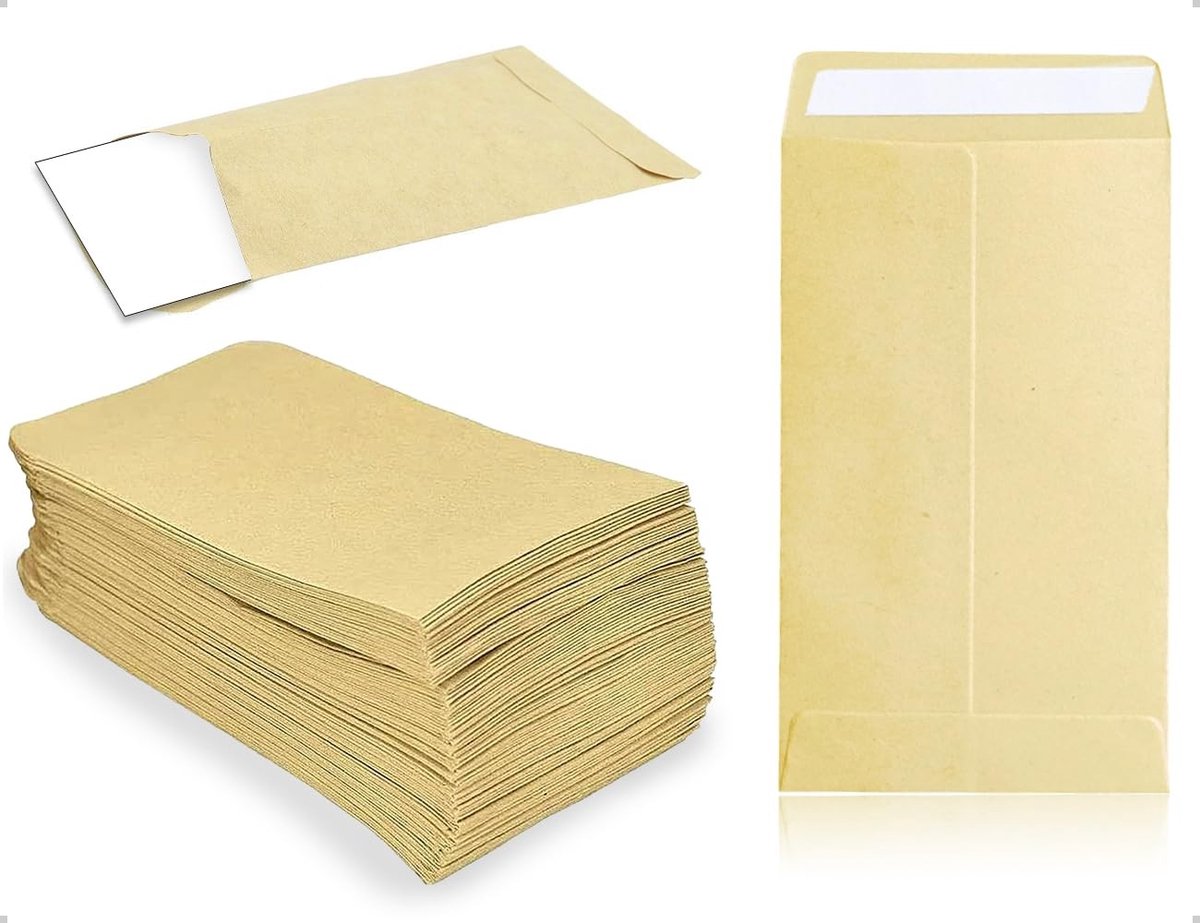 Dailygoods- Papieren Zakken 100 Stuks - Zelfklevende Zakjes - Kraftpapieren Zakjes - Mini-Platte Zakjes - 6 x 10 cm - Geel Ontwerp - Opbergzakjes