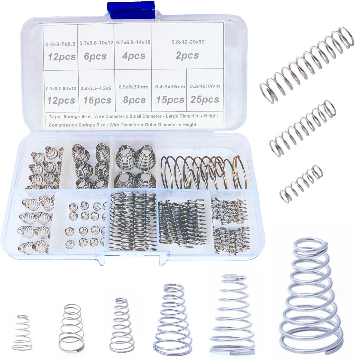100 stuks Compressie Conische Veren Assortiment Set, 10 Verschillende Maten Gecomprimeerde Torenveren Geassorteerd, Kegelveer Draad Diameter 0,3-0,8mm Compressie van kleine veren