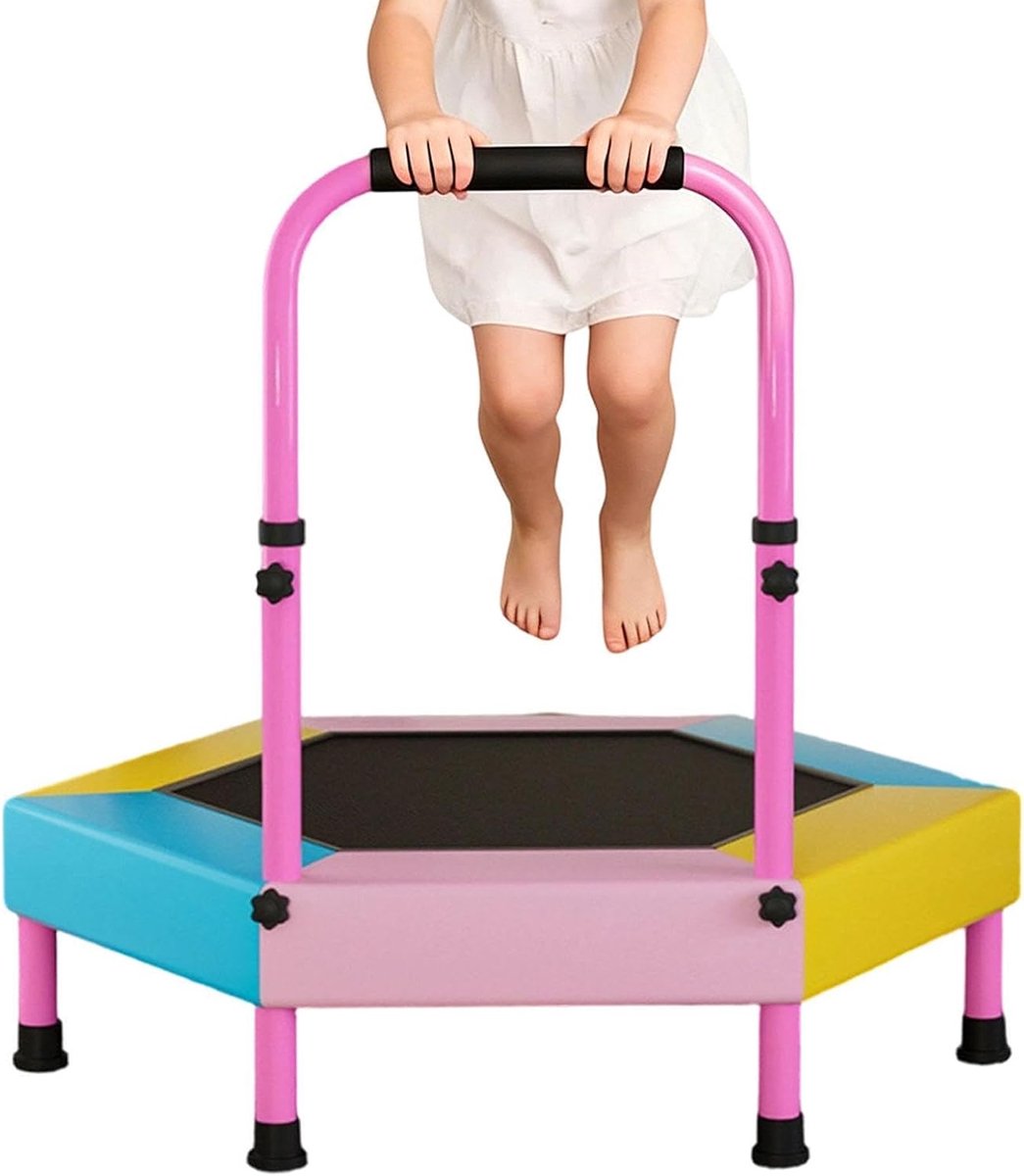 Mini Trampoline Kinderen - Springtoestel Vouwbaar - Actief Spelen - Verstelbare Handgreep - 93 cm Diameter - Roze