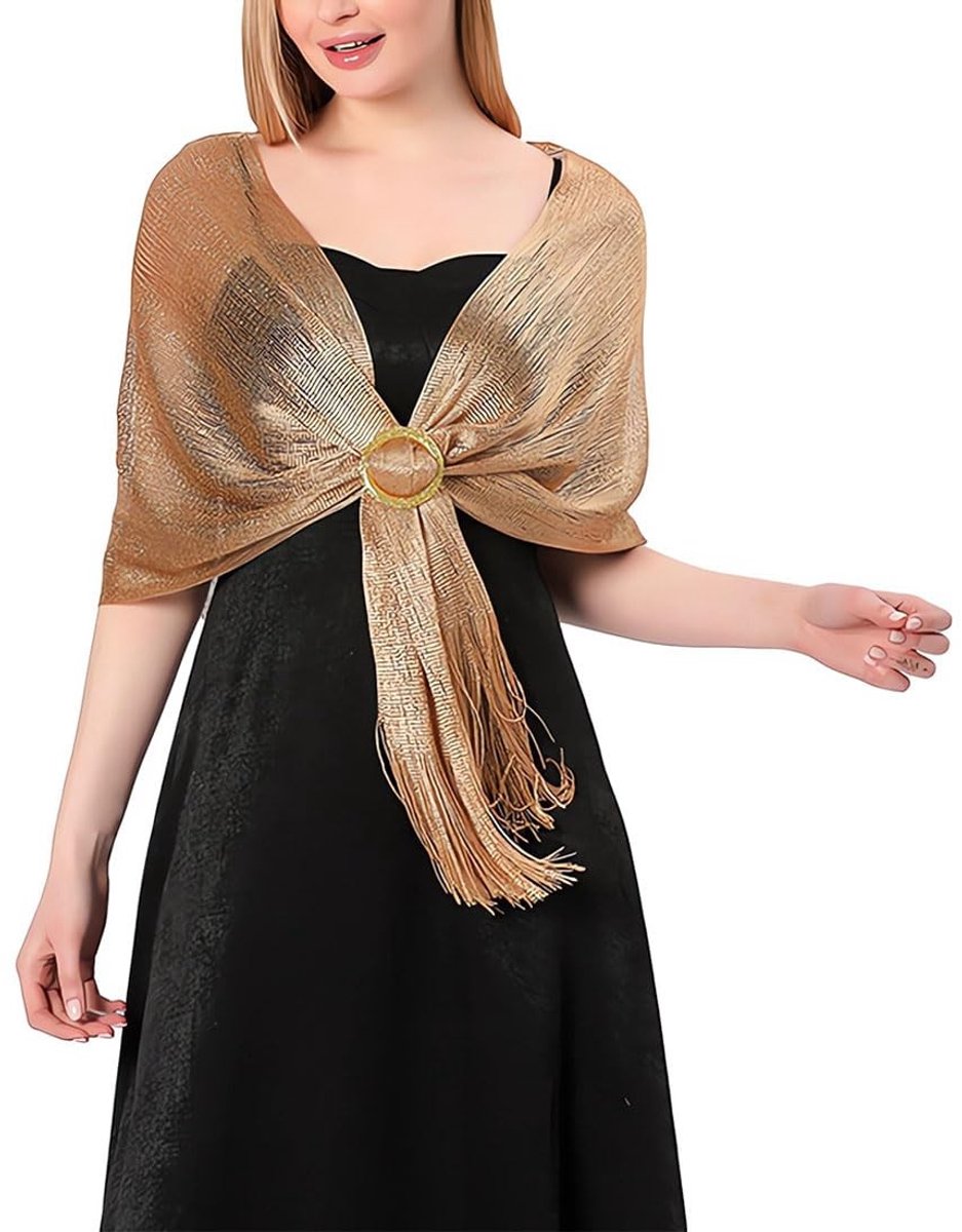 Dailygoods- Stola Sjaal Glanzend - Polyester/Kunstmatig Metaal - 45 x 160 cm - Franjes 18 cm - Inclusief Gespen - Elegante Look