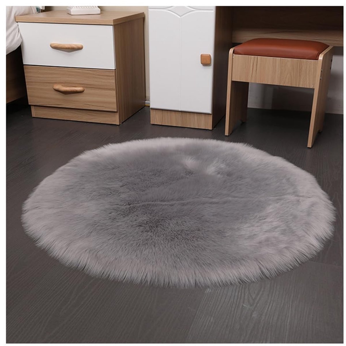 Dailygoods - Faux lamsvacht schapenvacht rond tapijt 70 x 70 cm grijs pluizig kunstbont tapijt langharig bont zachte imitatie wol bedmat bank mat antislip wasbare pluche deurmat thuis decoratie