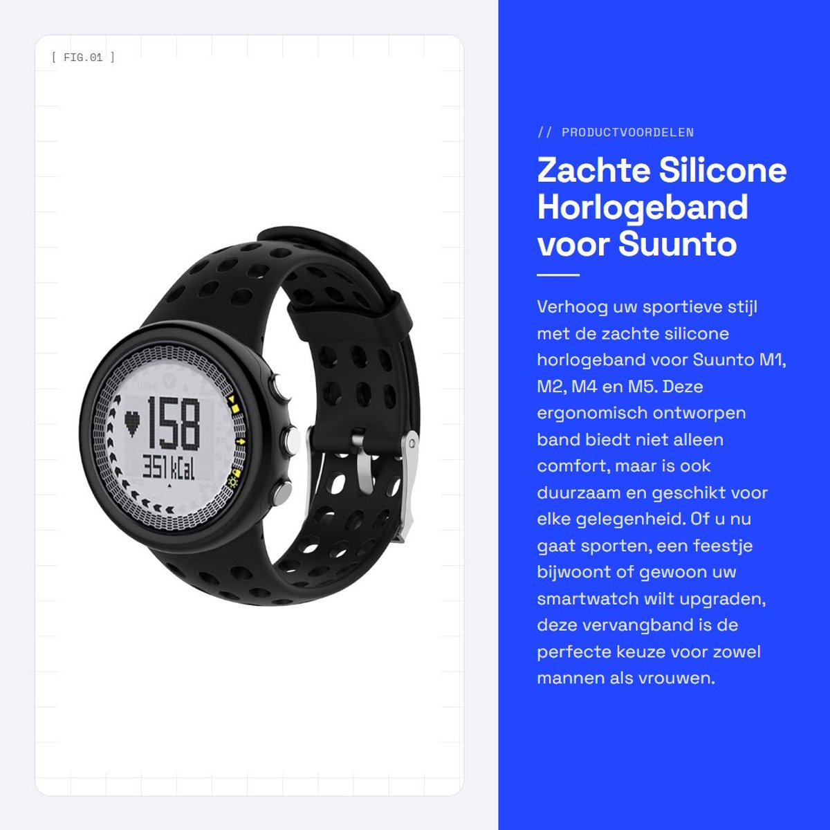 Dailygoods - Zachte Silicone Horlogeband voor Suunto M1 M2 M4 M5 - Unisex Vervangband (Zwart)