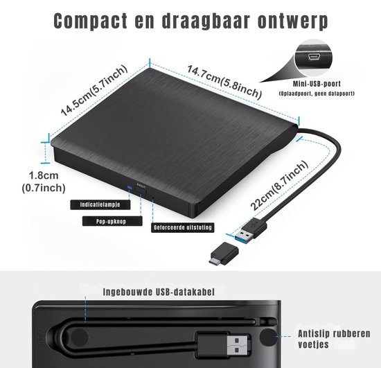 KAD® DVD Speler - USB 3.0 en Type-C - DVD Speler Laptop - DVD Brander - Zwart - 30cm x 30cm x 30cm — afbeelding 2