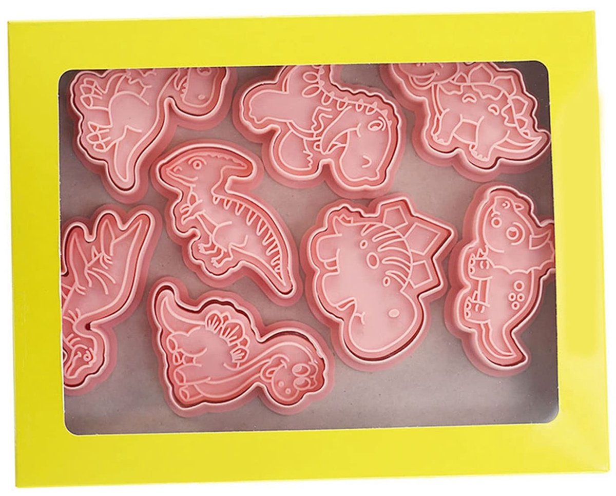 Dailygoods- Koekjesvorm Dinosauruspatronen - 3D Koekjessnijder - Mini Voedingsvorm - Veilig PP Materiaal - 8-delige Set - Creatief Bakken - Koekjessteker