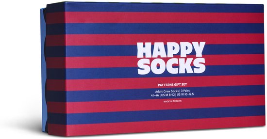 Gestreepte geschenkverpakking met de tekst 'HAPPY SOCKS - PATTERNS GIFT SET'.