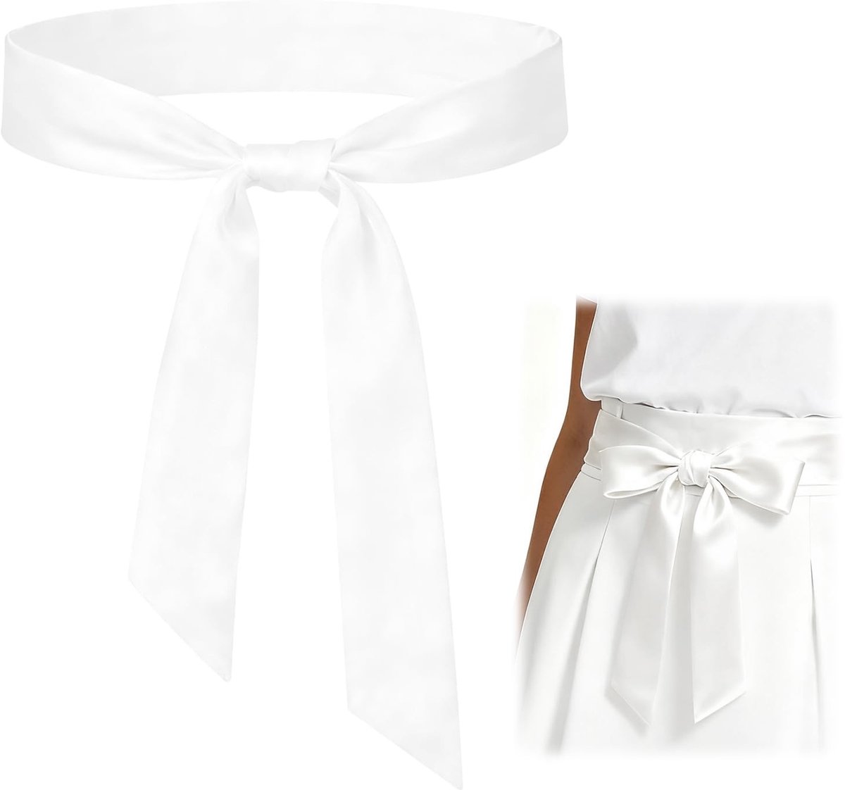 Dailygoods - VOSSOT Satijnen riem voor dames, wit, 195 cm, elegante smalle satijnen sjaal als tailleriem, haarband of zakband, veelzijdig accessoire voor dagelijks gebruik, kantoor en feest