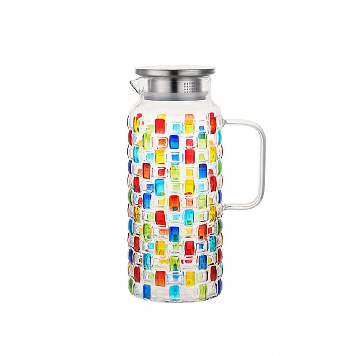 Dailygoods- Kruik Handgeschilderd - Borosilicaatglas - Roestvrijstalen Deksel - 1500 ml - Temperatuurbestandig - Elegant Ontwerp - Drankkan