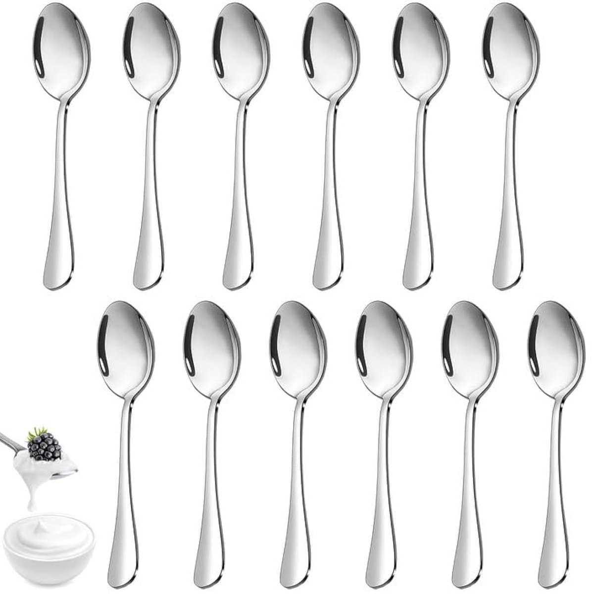 Dailygoods - 12 stuks koffielepels, dessertlepels van roestvrij staal, 14 cm, theelepels, herbruikbaar, vaatwasmachinebestendig, hoogglans gepolijst, lepel voor gezinnen, restaurants, kantines