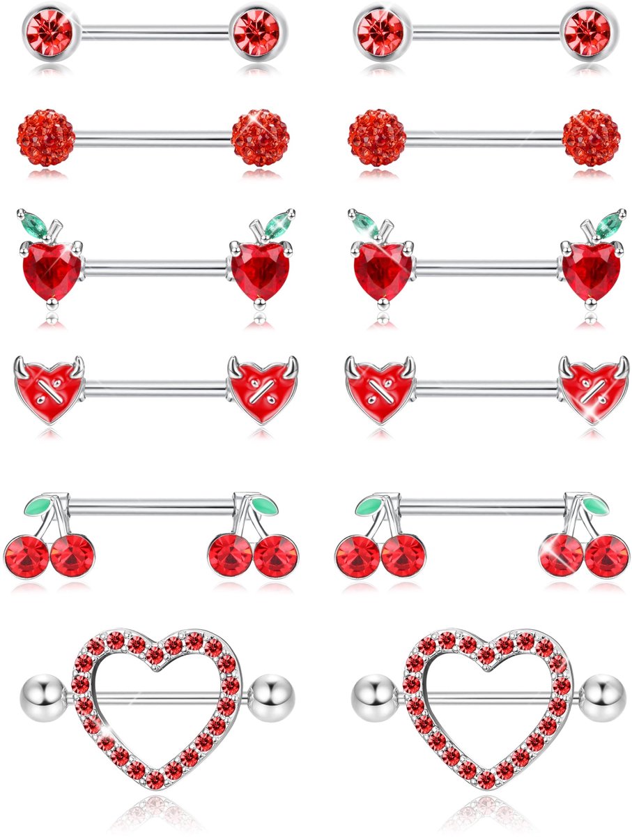 Dailygoods- Tepelringen Set 6 Paar - 14G Roestvrij Staal - Hart/Appel/Kers/Duivel/Bal - Lichtgewicht/Duurzaam - AAA+ CZ Inleg - Tepelpiercings