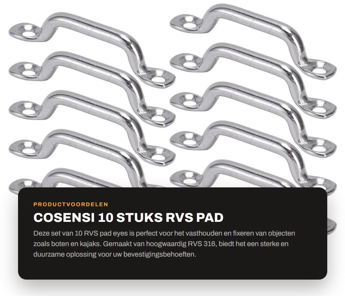 Dailygoods- Pad Eye Set 10 Stuks - RVS 316 - Oog voor Bovenkussen - Handgreep Breedte 6 mm - Totale Lengte 72 mm - Voor Boot/Kajak - Oogbout