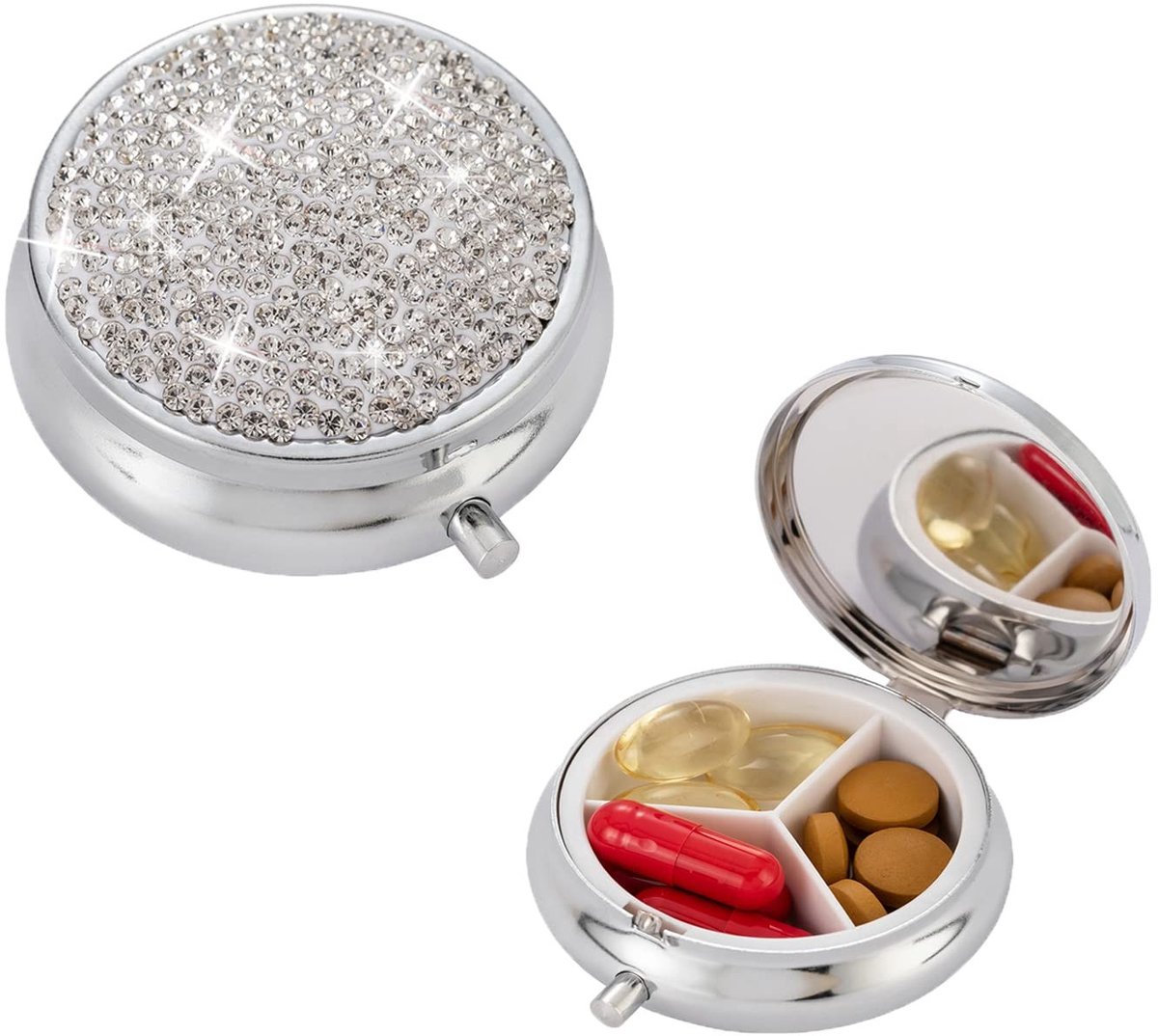 Dailygoods- Pillendoos 3 Compartimenten - Bling Pillendoosje - Waterdicht - Zilver - Aluminiumlegering/Kristal - 2.75IN x 2.75IN x 0.86IN - Medicijnhouder