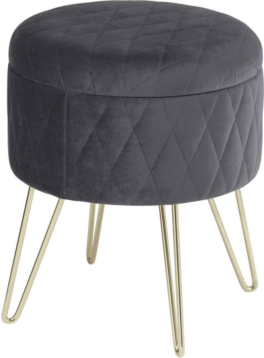 Poef Deluxe 31.5x31.5x36cm Donkergrijs - Velvet, Voetenbank met Opbergruimte en Opbergbox Hocker en Zitkist