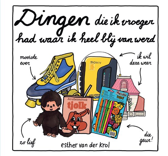 Illustratie van kinderhelden: schaatsen, walkman, Tjolk drink, pennen en een huisje.