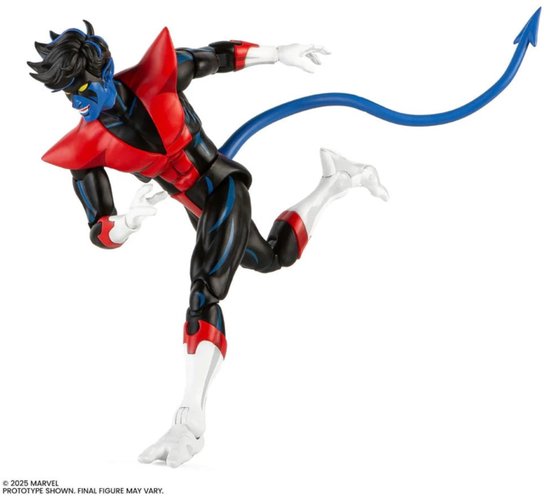 Actiefiguur in dynamische pose, blauwe huid, zwarte haren, rood-zwarte outfit en blauwe staart.