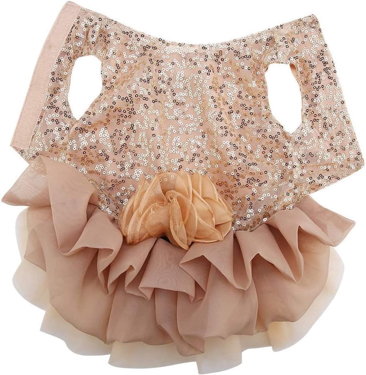 Elegante trouwjurk voor kleine honden met gouden sequins en bubbelskirt, perfect voor speciale gelegenheden en fotoshoots