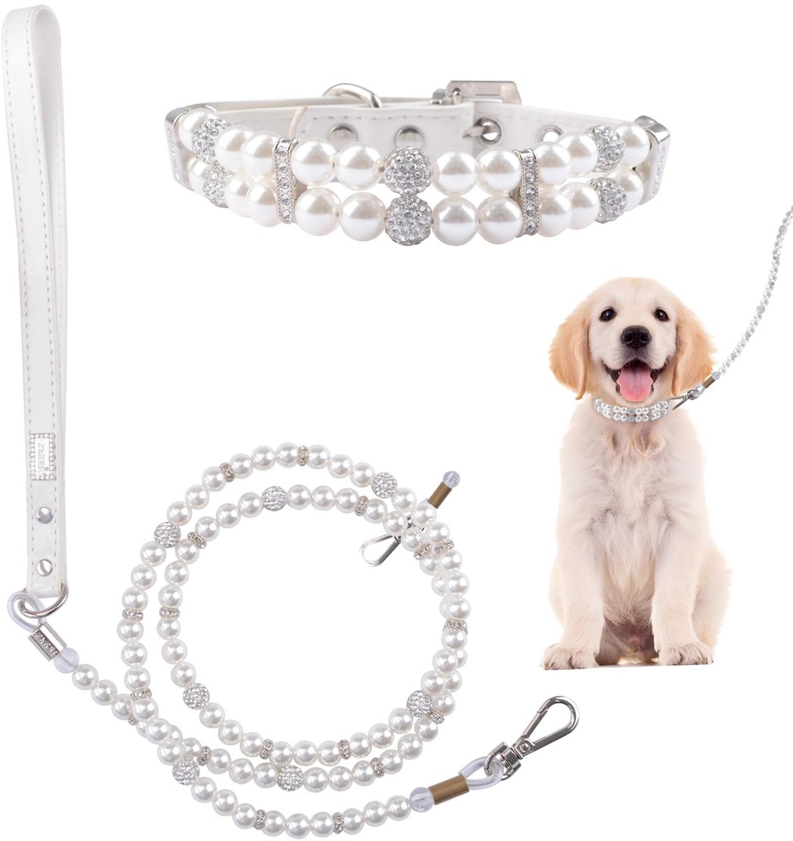 Thijox - Parel Hondenriem en Halsband Set voor Honden en Katten - Verstelbare Lederen Halsband met Strass - 2 Stuks - Geschikt voor Puppy, Kat en Volw