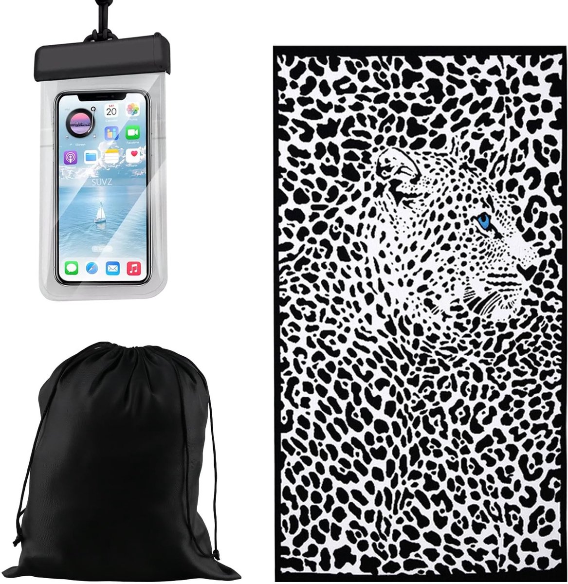 Omgoods - Strandlaken met Panterprint - Microvezel - Sneldrogend en Lichtgewicht - 100x180 cm - Inclusief Waterdichte Telefoonhoes en Opbergtas