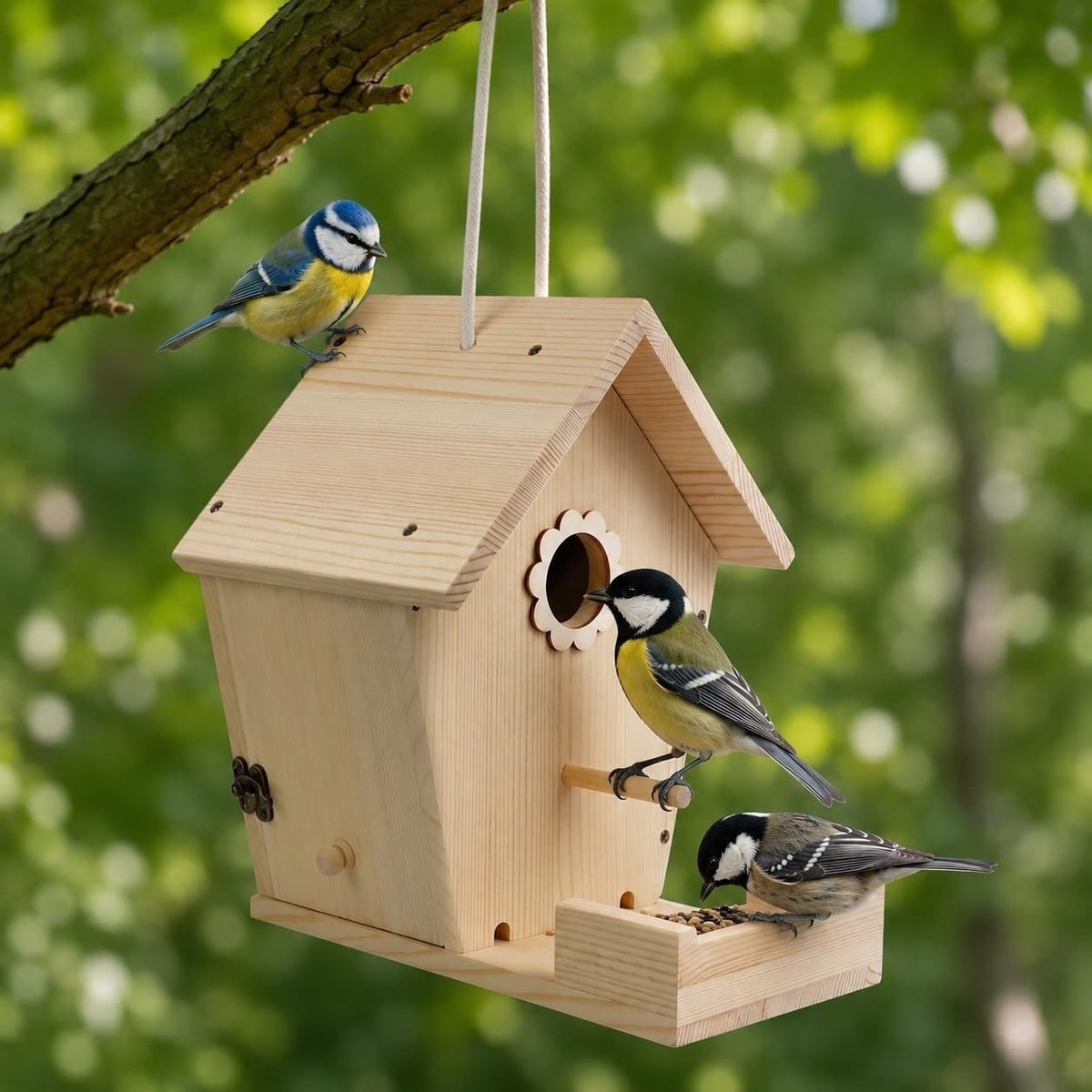 Omgoods - Houten Vogelhuis met Voederbak - Voor Pimpelmees en Mus