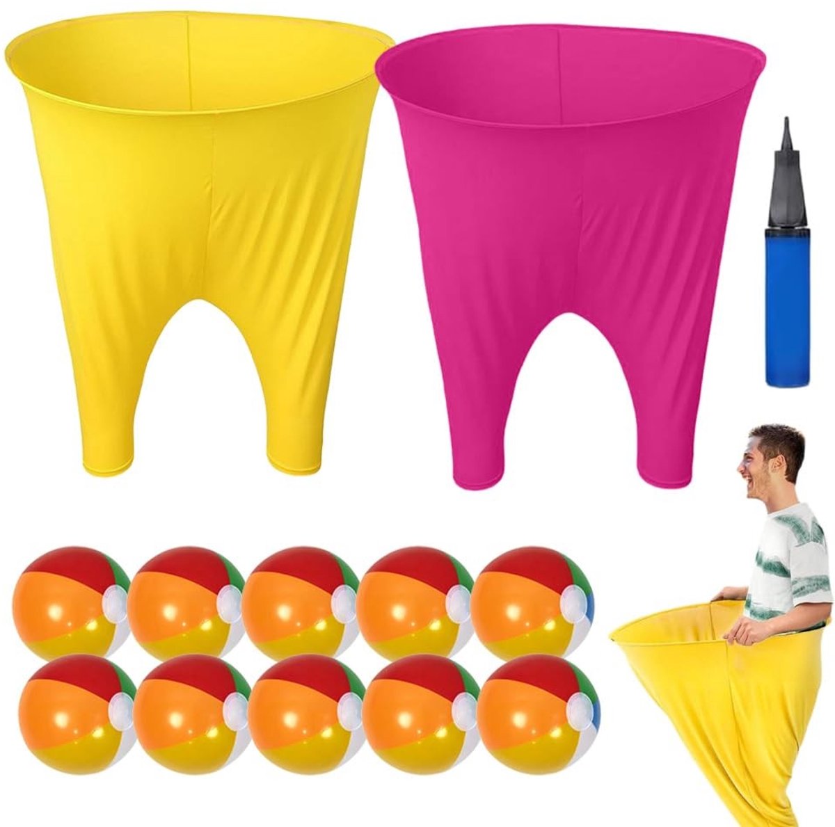 Omgoods- Werpspel 2 stuks - 2 Reuzenbroeken 100 x 80 cm - 10 Springballen - 1 Ballonpomp - Duurzaam materiaal - Outdoor partyspel - Buitenspel