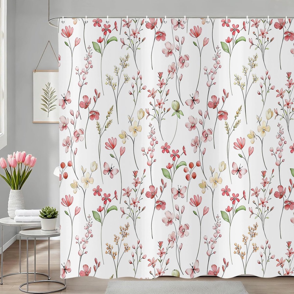 Omgoods - Douchegordijn met Bloemen Aquarel - 180 x 200 cm, Rood-Geel