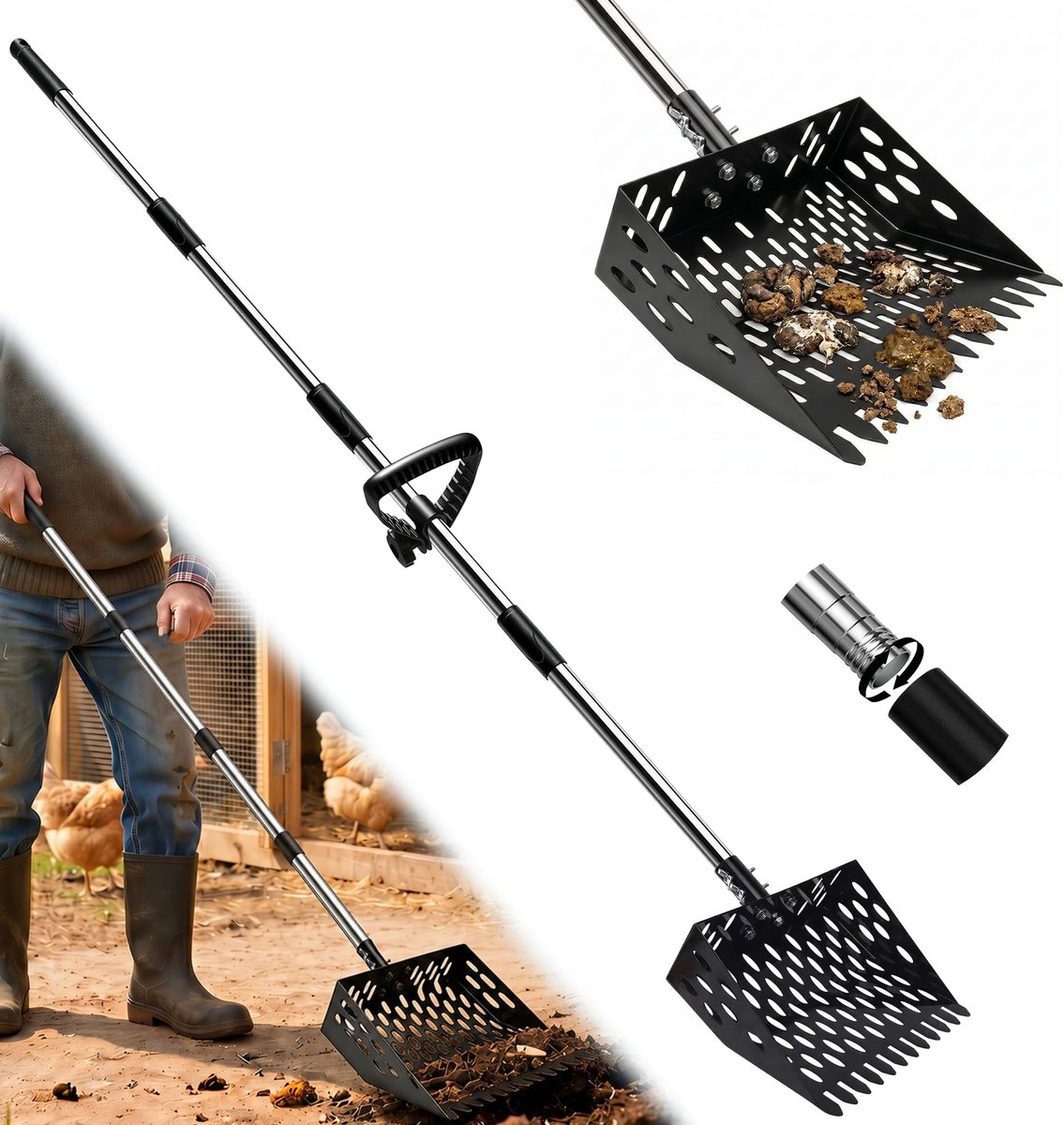 Omgoods - Verstelbare Kippenpoepschep 60-160 cm - Multifunctionele Metalen Schep voor Dieren