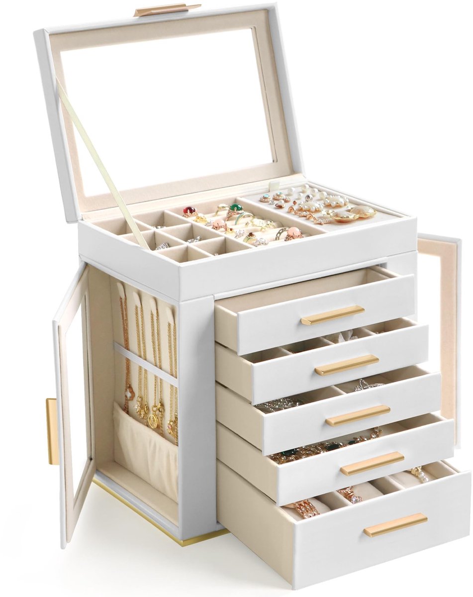 Omgoods - Grote Sieradenorganizer met 6 Laags PU-Lederen Etui en Glazen Deksel