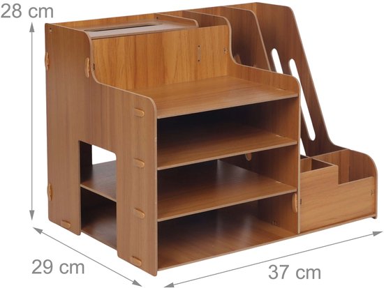 Houten bureau organizer met afmetingen 37x28x29 cm.
