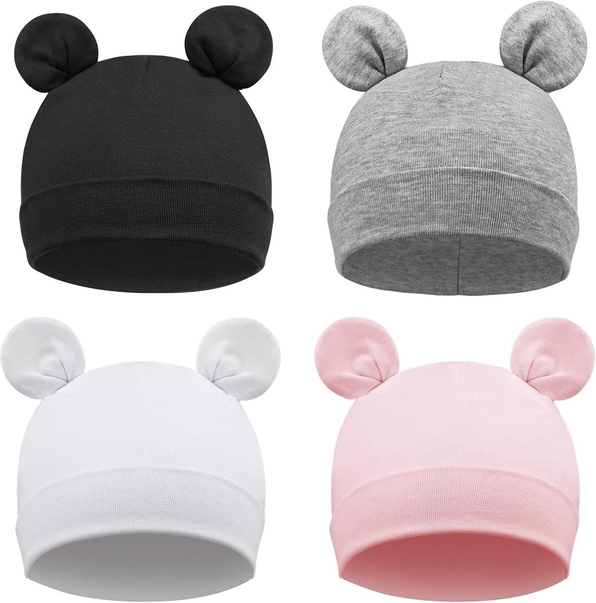4 Pack Baby Beanie voor Pasgeborenen en Peuters - Zachte Gebreide Hoedjes met Berenoren voor Jongens en Meisjes, Ideaal voor Ziekenhuis en Dagelijks Gebruik