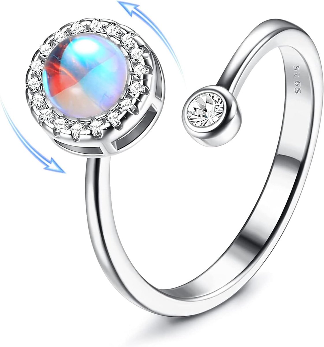 Natuursteen Ring Dames Heren Opal Versteller Ring Zilver 925 Verguld Maansteen Fidget Ring Open Verstelbaar Spinner Knuckle Belofte Trouw Verloving Ringen met Geschenkdoos, One Size