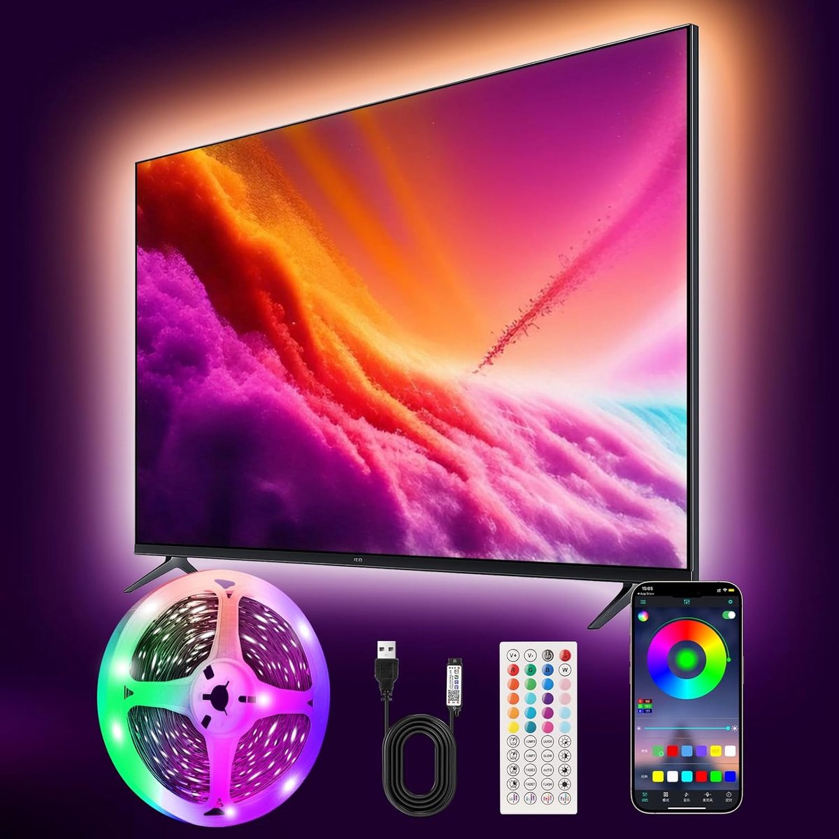 3 m LED Strip, RGB LED strip Bluetooth Smart App en Afstandsbediening bediening, Muziek Sync, voor 45“-65” HDTV, PC, Slaapkamer, Feest en Huisdecoratie