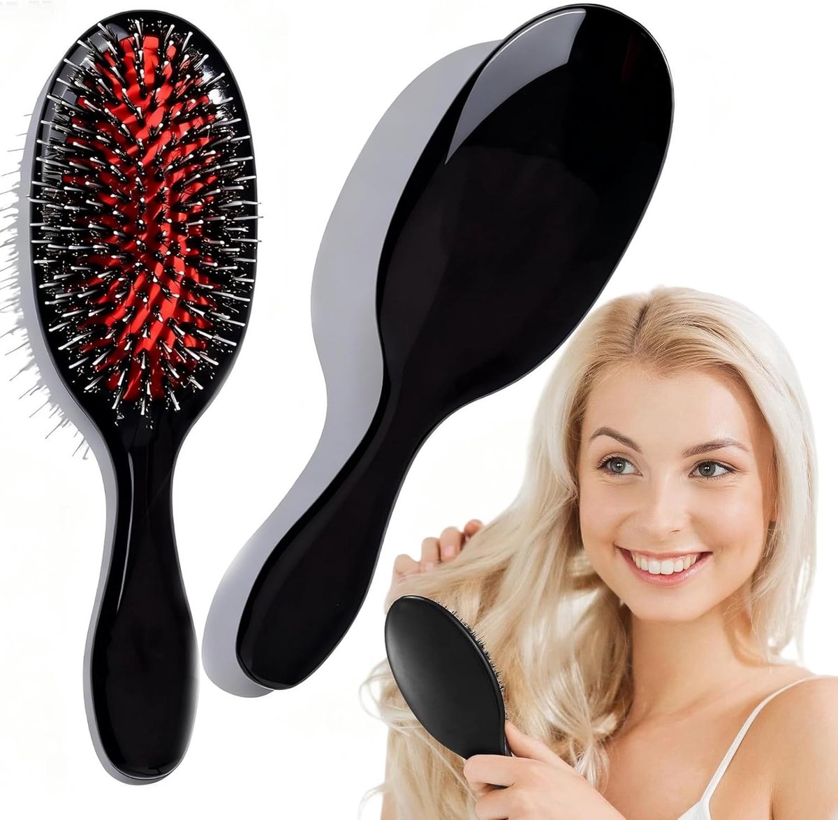 haarborstel voor extensies, pneumatische borstel met paardenharen en nylon haren, ontwarringsborstel voor haarverlengingen, pruiken en natuurlijk haar voor dik, krullend en lang haar