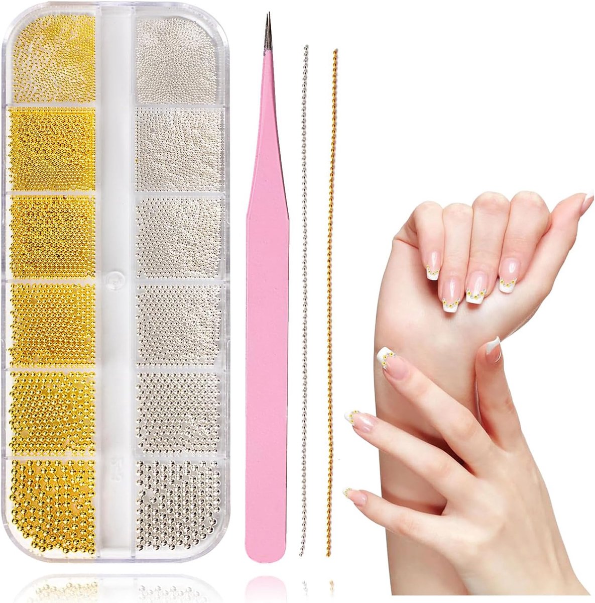 5680 stuks caviaar kralen voor nagels, 12 graden hangers in goud en zilver, caviaar kralen voor nagels, nagelkettingen voor nail art, nagelkralen voor nailart-accessoires