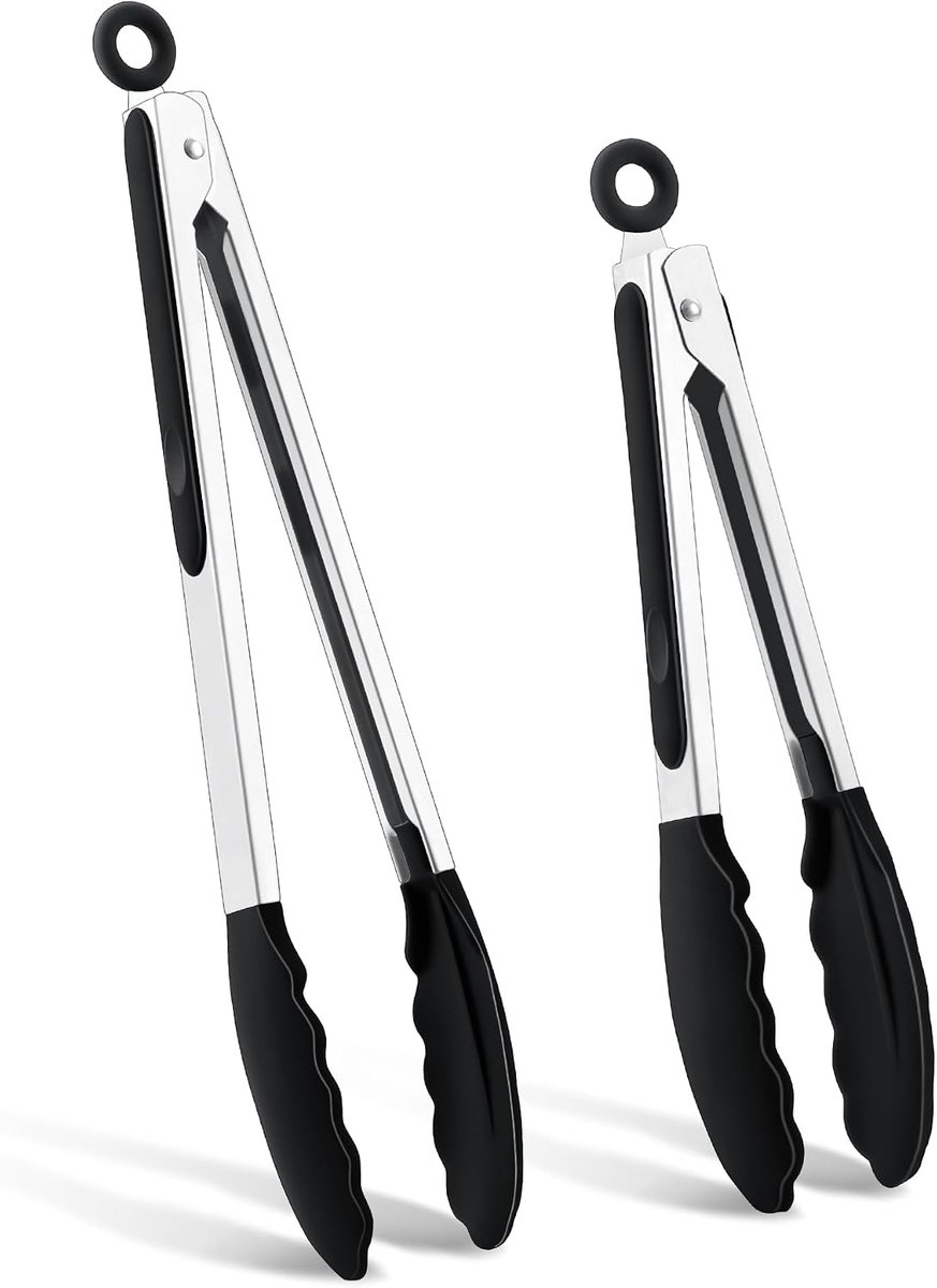 Grilltang, 2 stuks, roestvrij staal, 34 cm en 26 cm, pastamtang met antislip siliconen punten en handgreep, hittebestendige vleestang voor barbecue, koken, bakken - zwart
