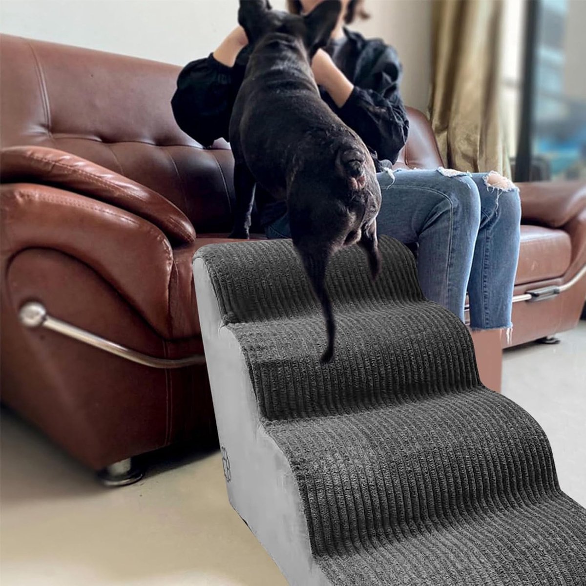 Huisdiertrap - Hondenladder Bank - Huisdieren op meubels - Hoge dichtheid spons - 4 lagen - Helling corduroy grijs