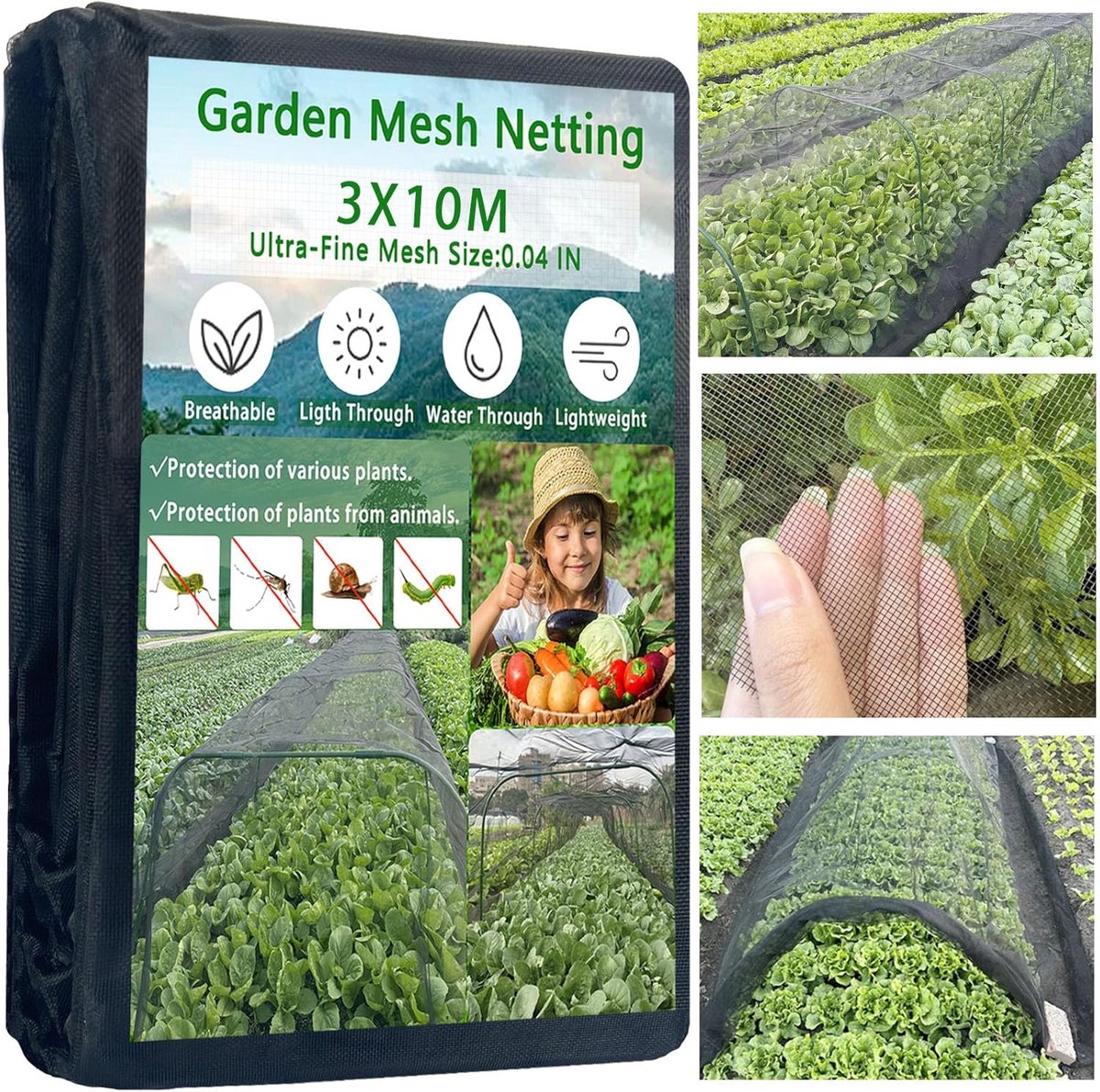 SnelShoppen - 3 x 10 m Dikke Zwarte Nano PPT Tuin Net, Ultra-Fijn Insecten Gaas voor Groenten, Fruit, Bloemen, Vogelbescherming, Ongedierte, Insectenb