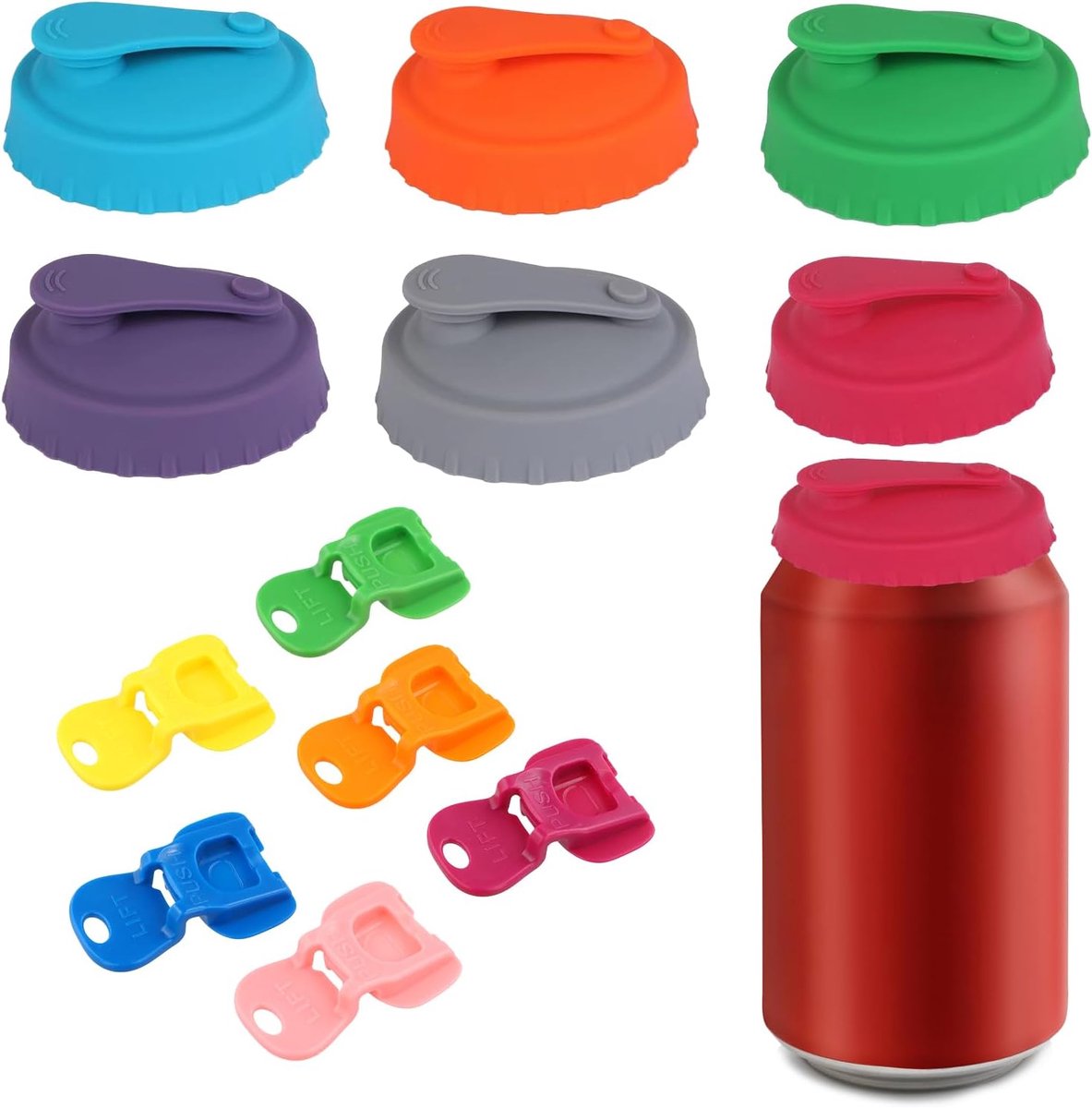 SnelShoppen - 6 Stuks Blikken Lids, 6 Stuks Blikkenopener, Herbruikbare Siliconen Deksel, Antilek Deksel voor Blikken, Veilige Sluiting, 6 Kleuren